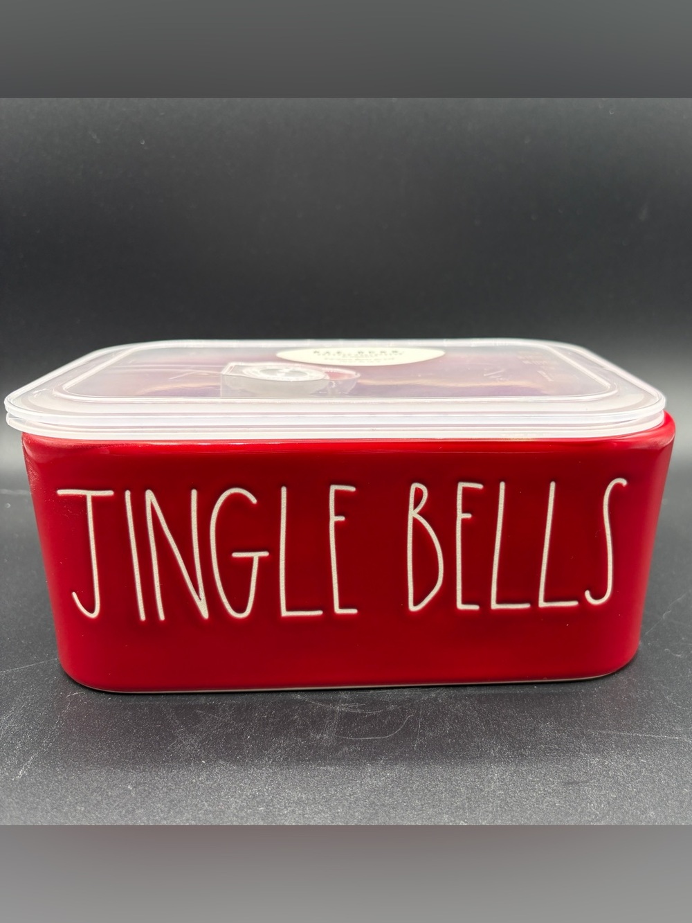 Rae Dunn Bowl Jingle Bells Rectangle Ceramic Container With Vented Lid Red NEW